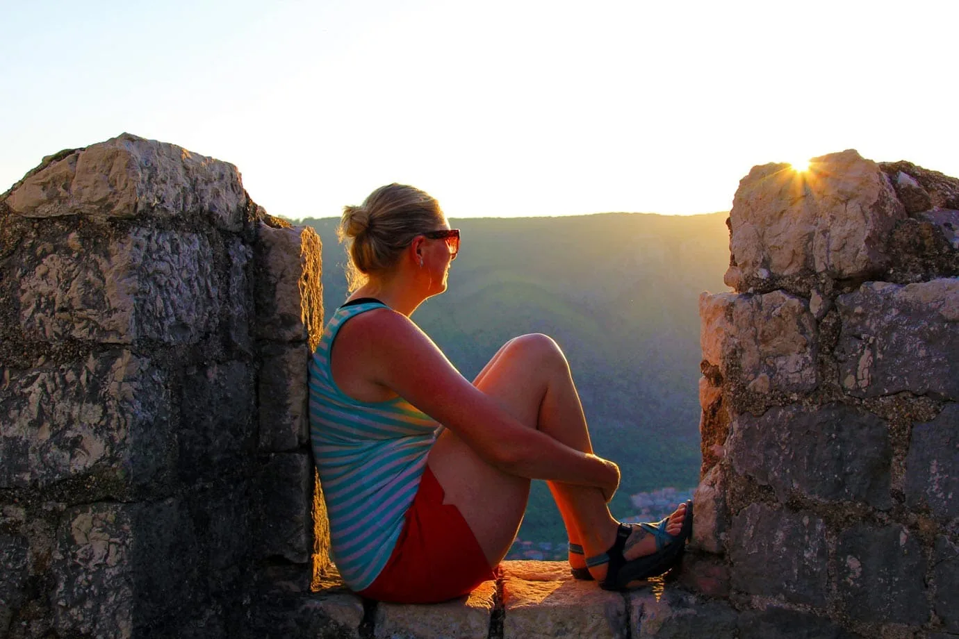 Watching sunset over the town and the bay of Kotor