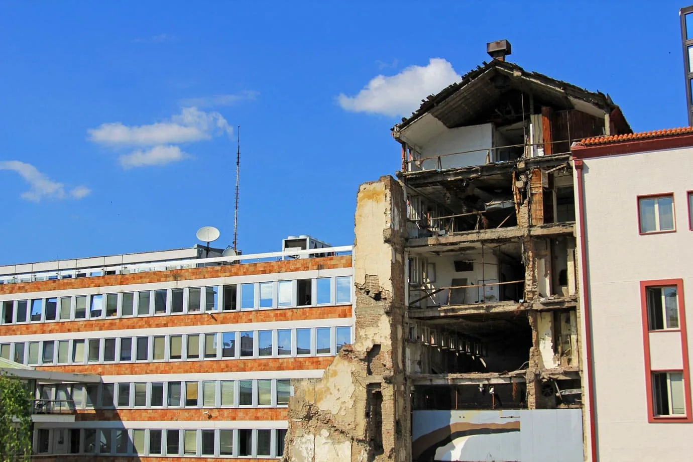 A bombed building in Belgrade that remains untouched as a memorial to the bombings of 1999