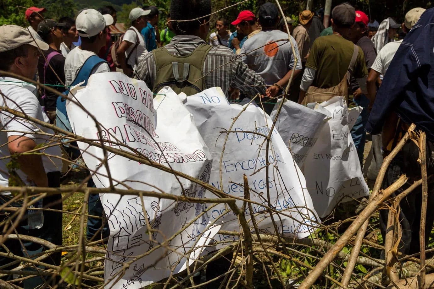 On one side of the blockade – a makeshift lattice of interwoven pieces of willow – were the protesters bearing banners and slogans