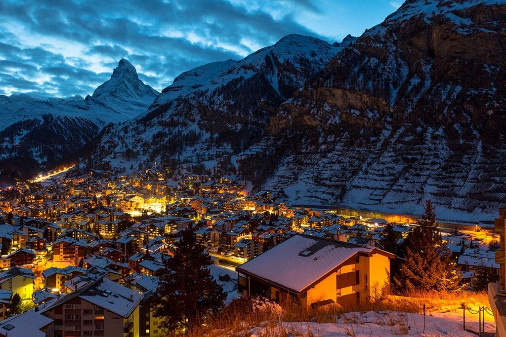 The view of Zermatt at night