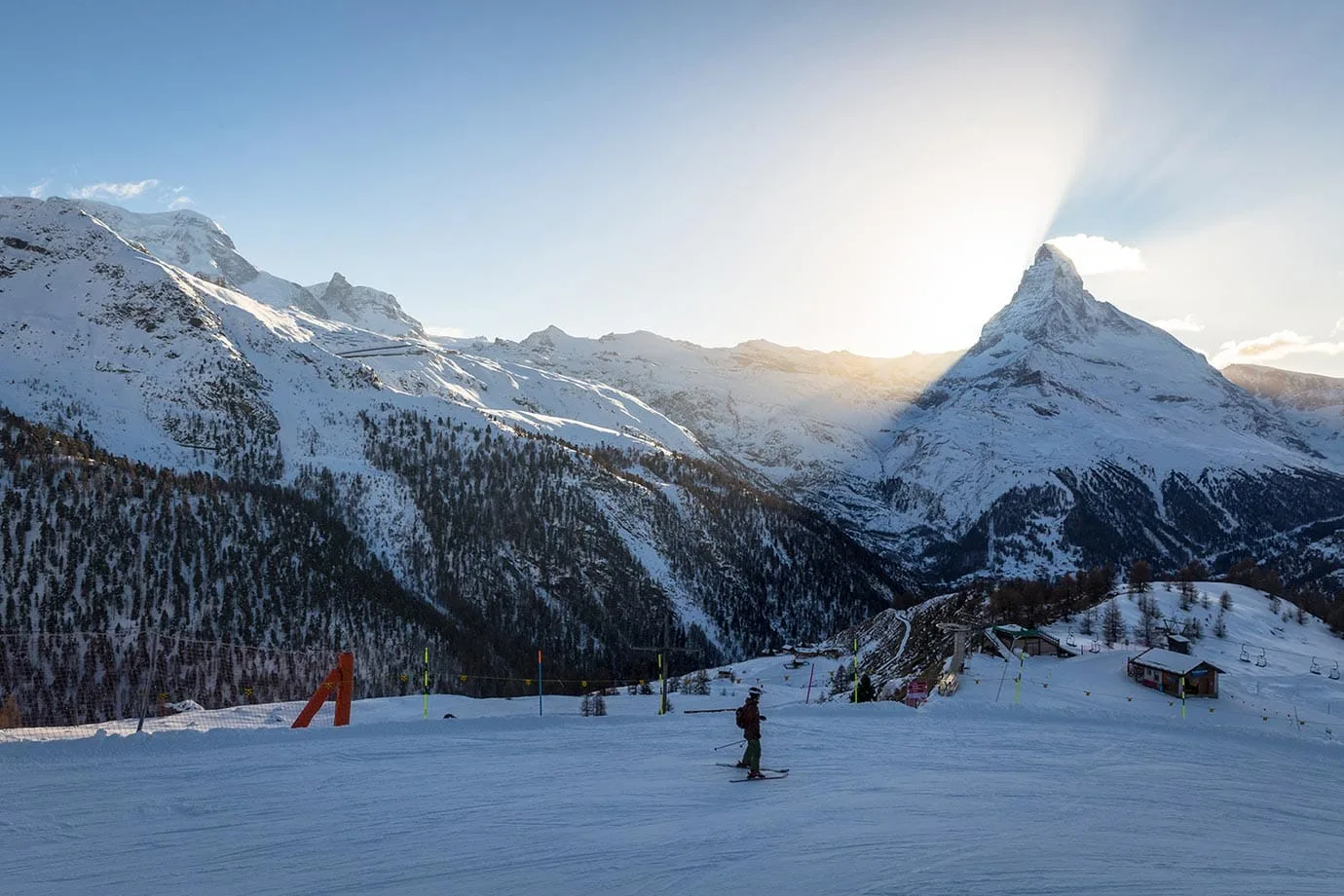 Skiing at sunset in Zermatt