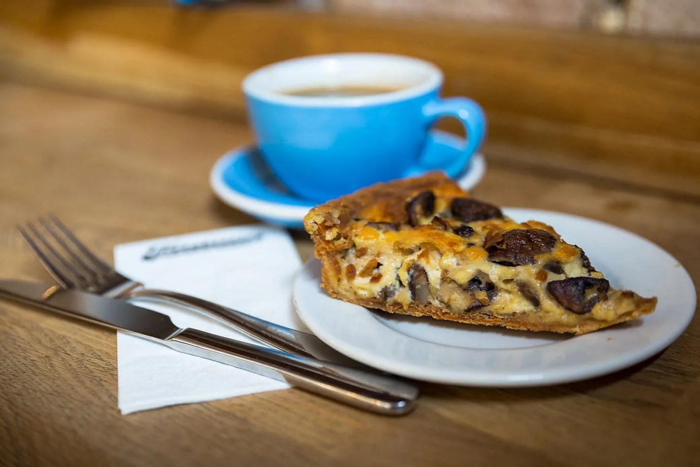Coffee and a mushroom tart from Fitzbillies