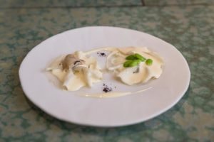Open ravioli with soya beans and oyster