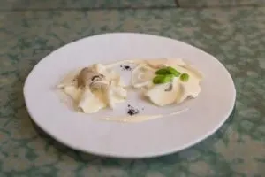 Open ravioli with soya beans and oyster