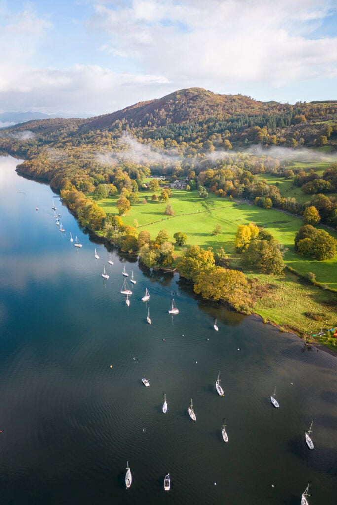 panoramic view of boats on lake windermerre
