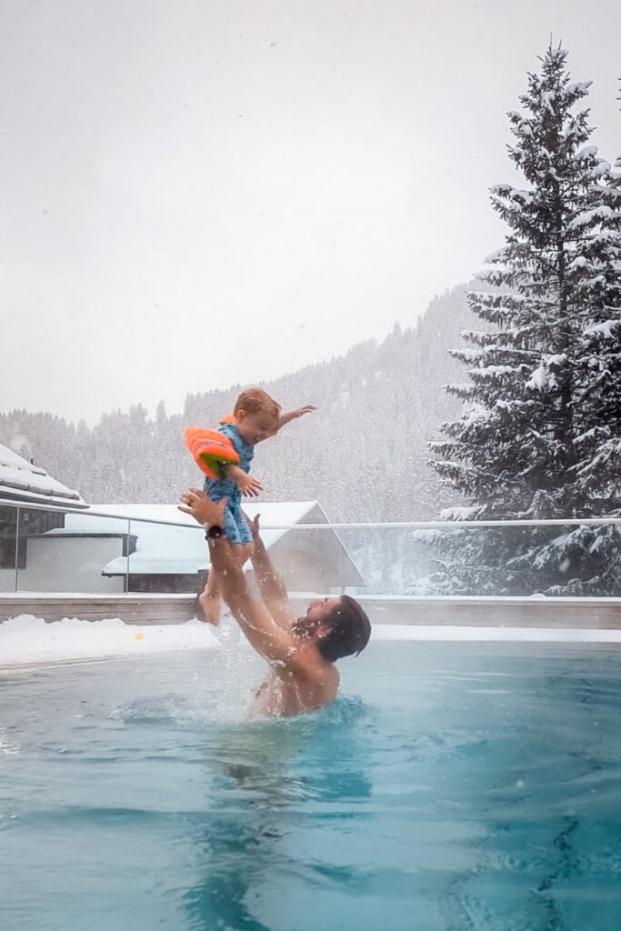 playing around in the pool outside in the mountains